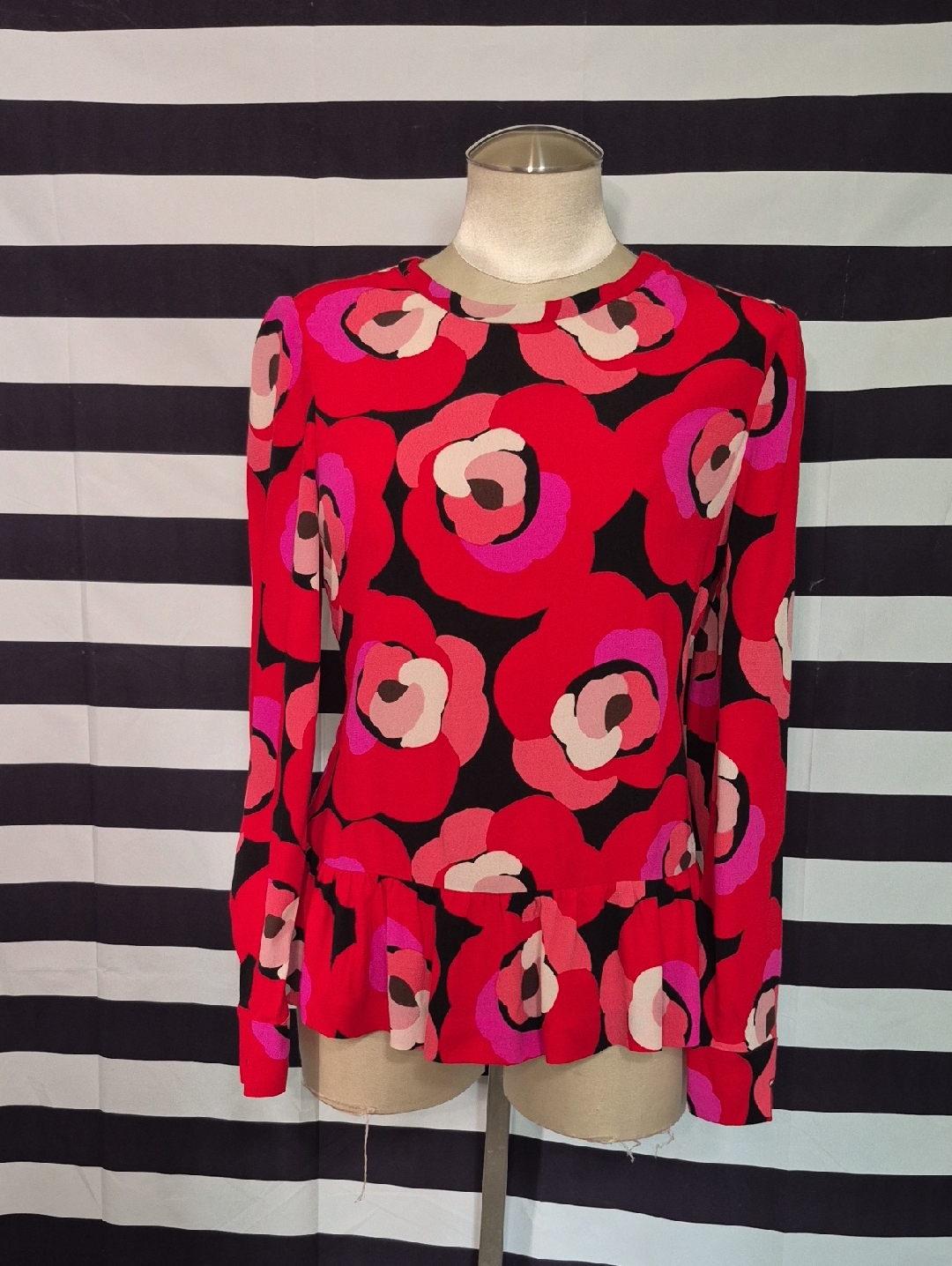 Kate Spade Bright Red Floral Peplum Long-Sleeve Top